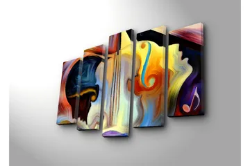 Stort lerretsbilde i 5 deler 105x70 cm - Abstrakt komposisjon med musikkinstrumenter og ansiktskonturer - Mørk blå / Oransje / Gul - Interiør - Maleri & posters - Lerretsbilder