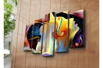 Stort lerretsbilde i 5 deler 105x70 cm - Abstrakt komposisjon med musikkinstrumenter og ansiktskonturer - Mørk blå / Oransje / Gul - Interiør - Maleri & posters - Lerretsbilder