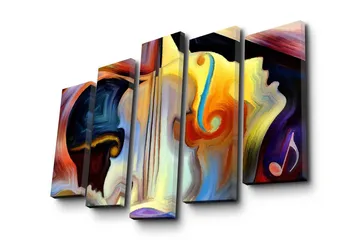 Stort lerretsbilde i 5 deler 105x70 cm - Abstrakt komposisjon med musikkinstrumenter og ansiktskonturer - Mørk blå / Oransje / Gul - Interiør - Maleri & posters - Lerretsbilder