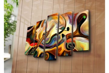 Stort lerretsbilde i 5 deler 105x70 cm - Abstrakt komposisjon med musikkinstrumenter og ansiktsprofil - Gull / Rød / Svart - Interiør - Maleri & posters - Lerretsbilder