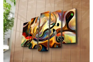 Stort lerretsbilde i 5 deler 105x70 cm - Abstrakt komposisjon med musikkinstrumenter og ansiktsprofil - Gull / Rød / Svart - Interiør - Maleri & posters - Lerretsbilder