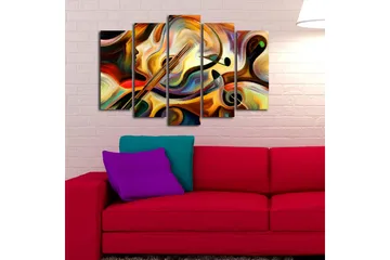 Stort lerretsbilde i 5 deler 105x70 cm - Abstrakt komposisjon med musikkinstrumenter og ansiktsprofil - Gull / Rød / Svart - Interiør - Maleri & posters - Lerretsbilder