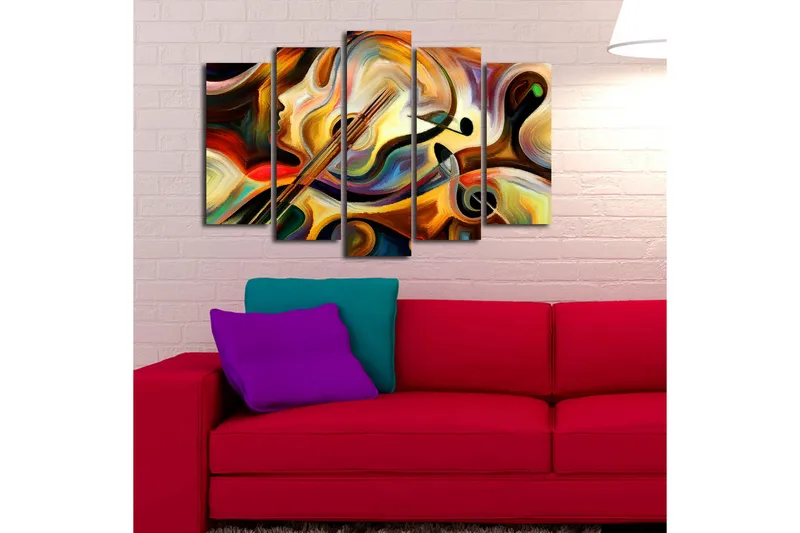 Stort lerretsbilde i 5 deler 105x70 cm - Abstrakt komposisjon med musikkinstrumenter og ansiktsprofil - Gull / Rød / Svart - Interiør - Maleri & posters - Lerretsbilder