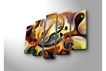 Stort lerretsbilde i 5 deler 105x70 cm - Abstrakt komposisjon med musikkinstrumenter og ansiktsprofil - Gull / Rød / Svart - Interiør - Maleri & posters - Lerretsbilder