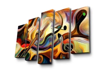 Stort lerretsbilde i 5 deler 105x70 cm - Abstrakt komposisjon med musikkinstrumenter og ansiktsprofil - Gull / Rød / Svart - Interiør - Maleri & posters - Lerretsbilder