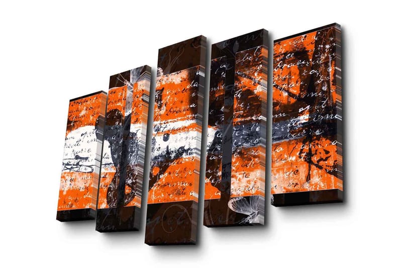 Stort lerretsbilde i 5 deler 105x70 cm - Abstrakt komposisjon med oransje og svarte elementer - Oransje / Svart - Interiør - Maleri & posters - Lerretsbilder