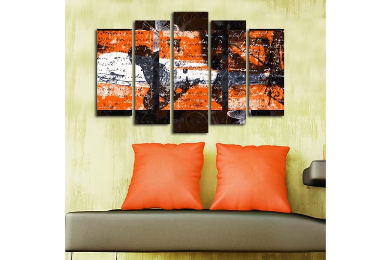 Stort lerretsbilde i 5 deler 105x70 cm - Abstrakt komposisjon med oransje og svarte elementer - Oransje / Svart - Interiør - Maleri & posters - Lerretsbilder