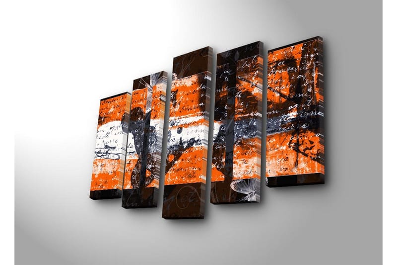 Stort lerretsbilde i 5 deler 105x70 cm - Abstrakt komposisjon med oransje og svarte elementer - Oransje / Svart - Interiør - Maleri & posters - Lerretsbilder