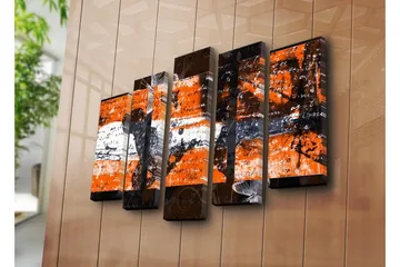 Stort lerretsbilde i 5 deler 105x70 cm - Abstrakt komposisjon med oransje og svarte elementer - Oransje / Svart - Interiør - Maleri & posters - Lerretsbilder