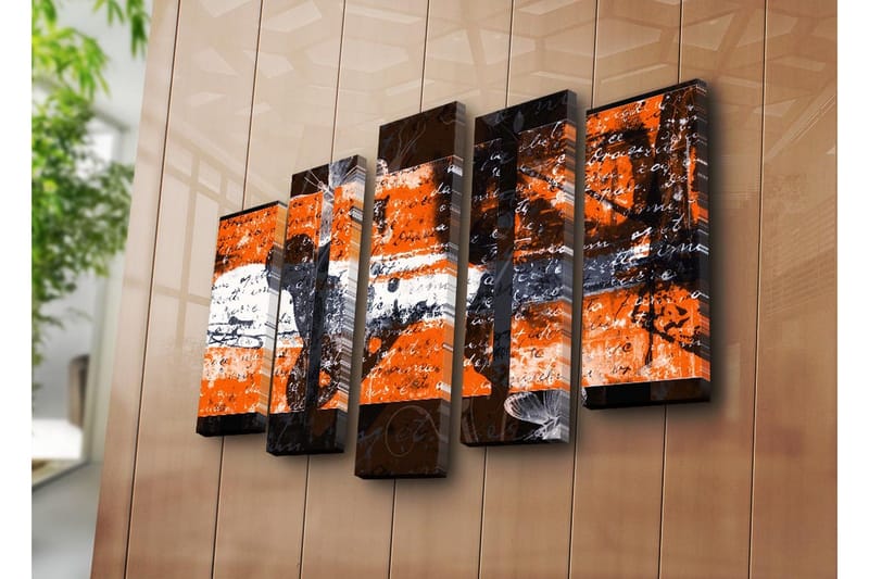 Stort lerretsbilde i 5 deler 105x70 cm - Abstrakt komposisjon med oransje og svarte elementer - Oransje / Svart - Interiør - Maleri & posters - Lerretsbilder
