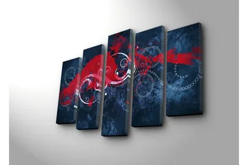 Stort lerretsbilde i 5 deler 105x70 cm - Abstrakt komposisjon med røde og hvite husker på mørk bakgrunn - Mørk blå / Rød / Hvit - Interiør - Maleri & posters - Lerretsbilder