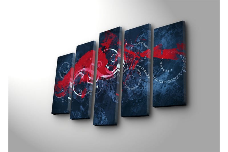 Stort lerretsbilde i 5 deler 105x70 cm - Abstrakt komposisjon med røde og hvite husker på mørk bakgrunn - Mørk blå / Rød / Hvit - Interiør - Maleri & posters - Lerretsbilder