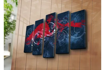 Stort lerretsbilde i 5 deler 105x70 cm - Abstrakt komposisjon med røde og hvite husker på mørk bakgrunn - Mørk blå / Rød / Hvit - Interiør - Maleri & posters - Lerretsbilder