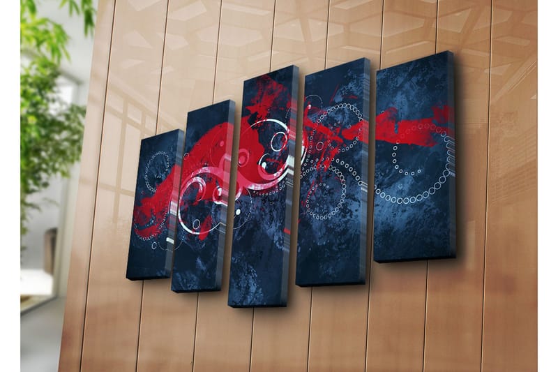 Stort lerretsbilde i 5 deler 105x70 cm - Abstrakt komposisjon med røde og hvite husker på mørk bakgrunn - Mørk blå / Rød / Hvit - Interiør - Maleri & posters - Lerretsbilder