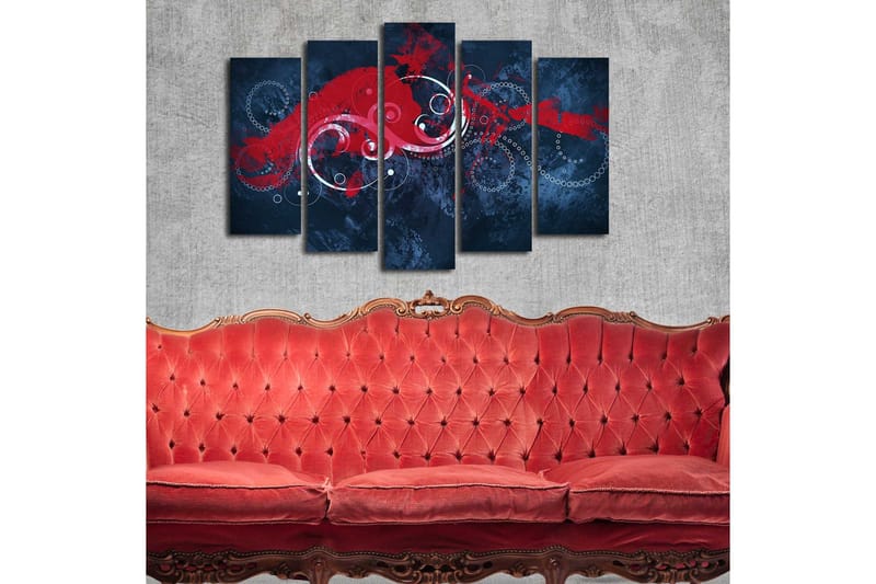 Stort lerretsbilde i 5 deler 105x70 cm - Abstrakt komposisjon med røde og hvite husker på mørk bakgrunn - Mørk blå / Rød / Hvit - Interiør - Maleri & posters - Lerretsbilder