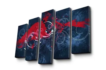 Stort lerretsbilde i 5 deler 105x70 cm - Abstrakt komposisjon med røde og hvite husker på mørk bakgrunn - Mørk blå / Rød / Hvit - Interiør - Maleri & posters - Lerretsbilder