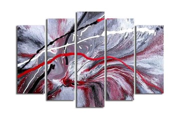 Stort lerretsbilde i 5 deler 105x70 cm - Abstrakt komposisjon med røde og svarte linjer mot en grå bakgrunn - Rød / Svart / Grå - Interiør - Maleri & posters - Lerretsbilder