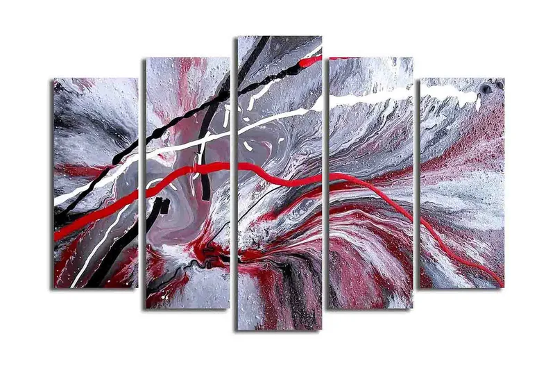 Stort lerretsbilde i 5 deler 105x70 cm - Abstrakt komposisjon med røde og svarte linjer mot en grå bakgrunn - Rød / Svart / Grå - Interiør - Maleri & posters - Lerretsbilder