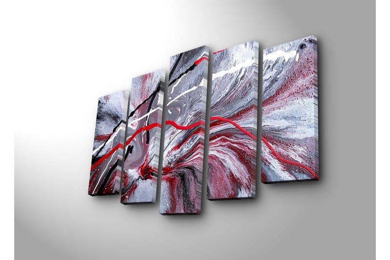 Stort lerretsbilde i 5 deler 105x70 cm - Abstrakt komposisjon med røde og svarte linjer mot en grå bakgrunn - Rød / Svart / Grå - Interiør - Maleri & posters - Lerretsbilder