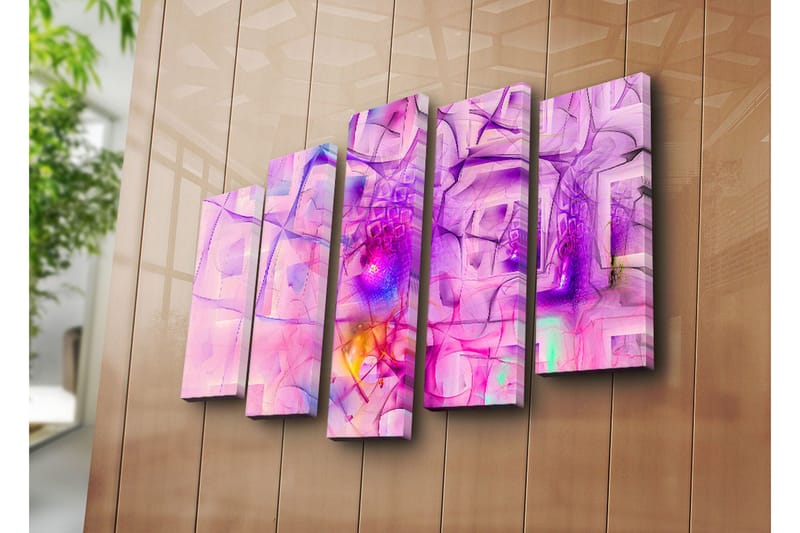 Stort lerretsbilde i 5 deler 105x70 cm - Abstrakt komposisjon med rosa og lilla former - Rosa / Lilla - Interiør - Maleri & posters - Lerretsbilder