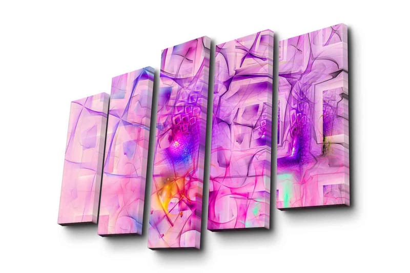 Stort lerretsbilde i 5 deler 105x70 cm - Abstrakt komposisjon med rosa og lilla former - Rosa / Lilla - Interiør - Maleri & posters - Lerretsbilder