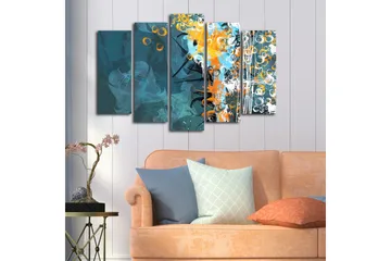 Stort lerretsbilde i 5 deler 105x70 cm - Abstrakt komposisjon med sirkulære former og dynamiske farger - Mørk blå / Oransje / Hvit - Interiør - Maleri & posters - Lerretsbilder