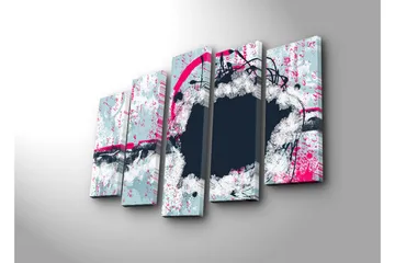 Stort lerretsbilde i 5 deler 105x70 cm - Abstrakt komposisjon med sirkulære former og kontrastfarger - Mørk blå / Lys grå / Rosa - Interiør - Maleri & posters - Lerretsbilder