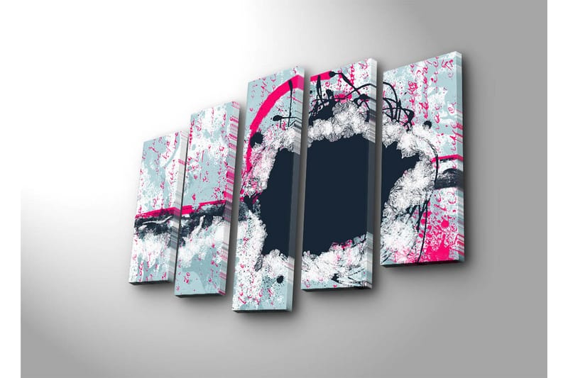 Stort lerretsbilde i 5 deler 105x70 cm - Abstrakt komposisjon med sirkulære former og kontrastfarger - Mørk blå / Lys grå / Rosa - Interiør - Maleri & posters - Lerretsbilder
