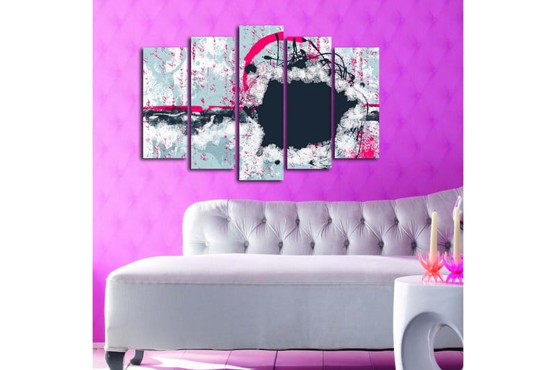Stort lerretsbilde i 5 deler 105x70 cm - Abstrakt komposisjon med sirkulære former og kontrastfarger - Mørk blå / Lys grå / Rosa - Interiør - Maleri & posters - Lerretsbilder