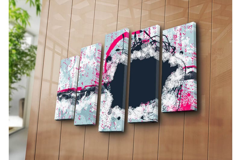 Stort lerretsbilde i 5 deler 105x70 cm - Abstrakt komposisjon med sirkulære former og kontrastfarger - Mørk blå / Lys grå / Rosa - Interiør - Maleri & posters - Lerretsbilder