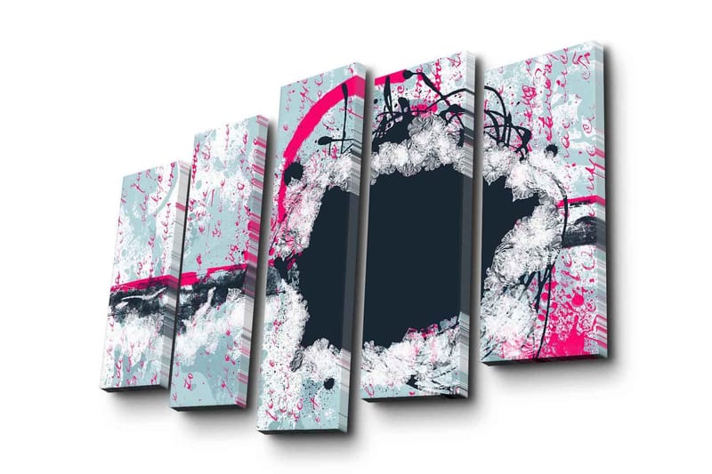 Stort lerretsbilde i 5 deler 105x70 cm - Abstrakt komposisjon med sirkulære former og kontrastfarger - Mørk blå / Lys grå / Rosa - Interiør - Maleri & posters - Lerretsbilder