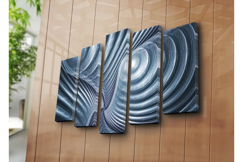 Stort lerretsbilde i 5 deler 105x70 cm - Abstrakt komposisjon med spiraler og bølger - Blå / Grå / Hvit - Interiør - Maleri & posters - Lerretsbilder