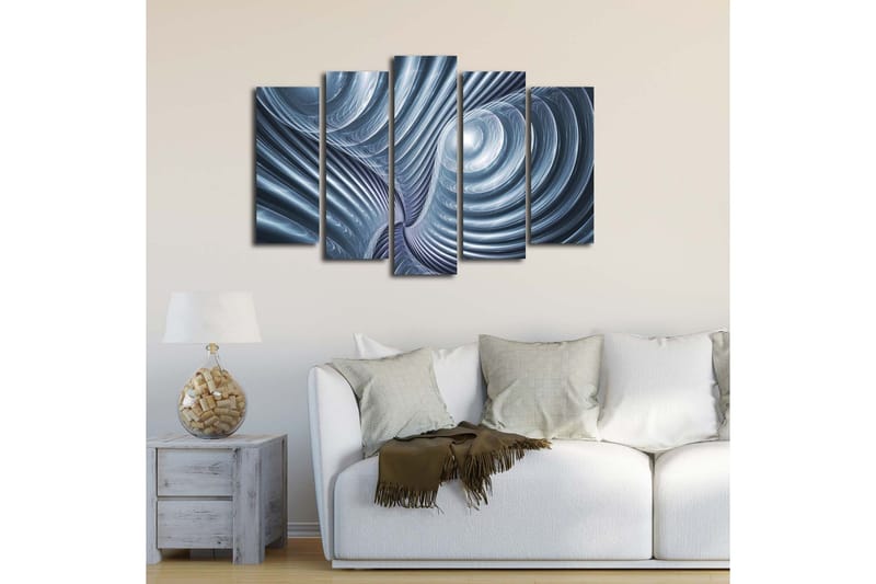 Stort lerretsbilde i 5 deler 105x70 cm - Abstrakt komposisjon med spiraler og bølger - Blå / Grå / Hvit - Interiør - Maleri & posters - Lerretsbilder