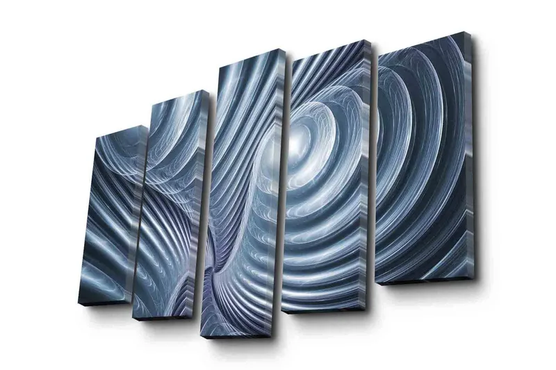 Stort lerretsbilde i 5 deler 105x70 cm - Abstrakt komposisjon med spiraler og bølger - Blå / Grå / Hvit - Interiør - Maleri & posters - Lerretsbilder