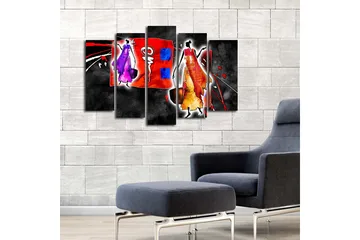 Stort lerretsbilde i 5 deler 105x70 cm - Abstrakt komposisjon med stiliserte figurer i livlige farger - Rød / Lilla / Oransje - Interiør - Maleri & posters - Lerretsbilder