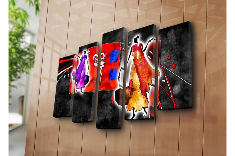 Stort lerretsbilde i 5 deler 105x70 cm - Abstrakt komposisjon med stiliserte figurer i livlige farger - Rød / Lilla / Oransje - Interiør - Maleri & posters - Lerretsbilder