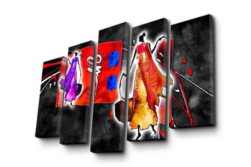 Stort lerretsbilde i 5 deler 105x70 cm - Abstrakt komposisjon med stiliserte figurer i livlige farger - Rød / Lilla / Oransje - Interiør - Maleri & posters - Lerretsbilder