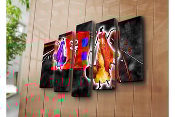 Stort lerretsbilde i 5 deler 105x70 cm - Abstrakt komposisjon med stiliserte figurer i livlige farger - Rød / Lilla / Oransje - Interiør - Maleri & posters - Lerretsbilder