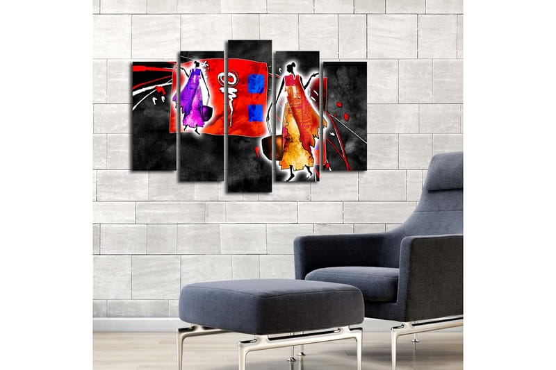 Stort lerretsbilde i 5 deler 105x70 cm - Abstrakt komposisjon med stiliserte figurer i livlige farger - Rød / Lilla / Oransje - Interiør - Maleri & posters - Lerretsbilder