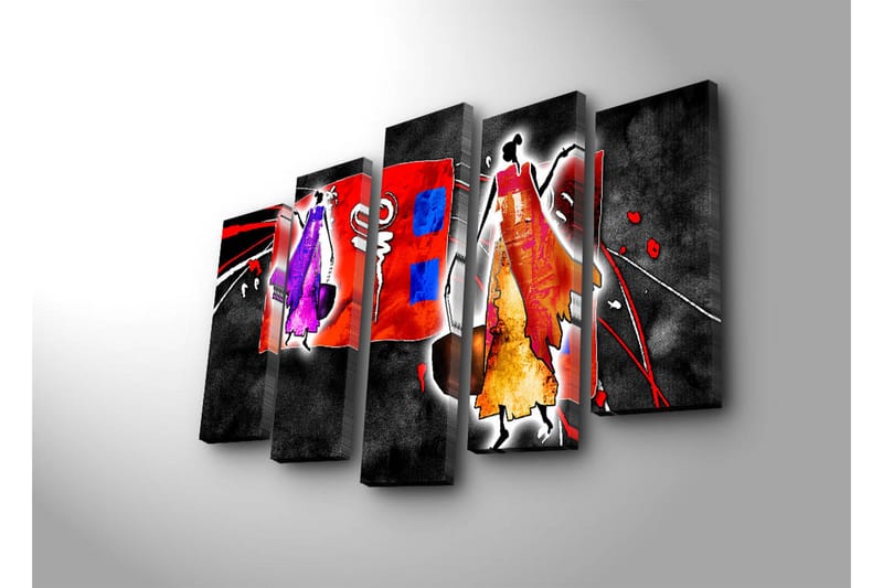 Stort lerretsbilde i 5 deler 105x70 cm - Abstrakt komposisjon med stiliserte figurer i livlige farger - Rød / Lilla / Oransje - Interiør - Maleri & posters - Lerretsbilder