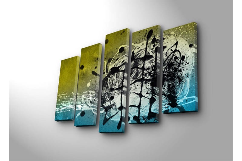 Stort lerretsbilde i 5 deler 105x70 cm - Abstrakt komposisjon med svarte og blå former - Svart / Blå / Grønn - Interiør - Maleri & posters - Lerretsbilder