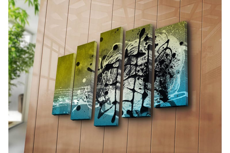 Stort lerretsbilde i 5 deler 105x70 cm - Abstrakt komposisjon med svarte og blå former - Svart / Blå / Grønn - Interiør - Maleri & posters - Lerretsbilder