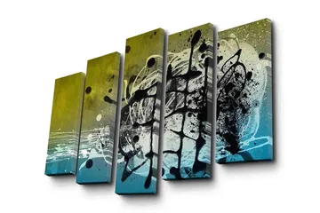 Stort lerretsbilde i 5 deler 105x70 cm - Abstrakt komposisjon med svarte og blå former - Svart / Blå / Grønn - Interiør - Maleri & posters - Lerretsbilder