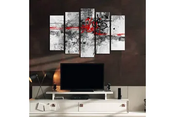 Stort lerretsbilde i 5 deler 105x70 cm - Abstrakt komposisjon med svarte og røde linjer - Rød / Svart / Grå - Interiør - Maleri & posters - Lerretsbilder