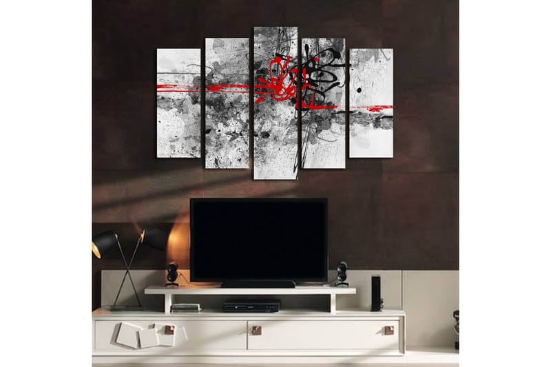 Stort lerretsbilde i 5 deler 105x70 cm - Abstrakt komposisjon med svarte og røde linjer - Rød / Svart / Grå - Interiør - Maleri & posters - Lerretsbilder