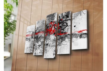 Stort lerretsbilde i 5 deler 105x70 cm - Abstrakt komposisjon med svarte og røde linjer - Rød / Svart / Grå - Interiør - Maleri & posters - Lerretsbilder