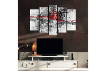 Stort lerretsbilde i 5 deler 105x70 cm - Abstrakt komposisjon med svarte og røde linjer - Rød / Svart / Grå - Interiør - Maleri & posters - Lerretsbilder