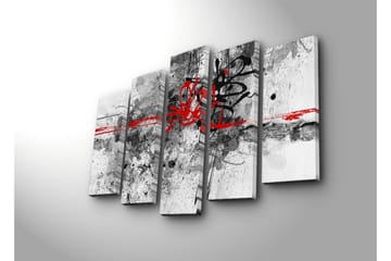 Stort lerretsbilde i 5 deler 105x70 cm - Abstrakt komposisjon med svarte og røde linjer - Rød / Svart / Grå - Interiør - Maleri & posters - Lerretsbilder