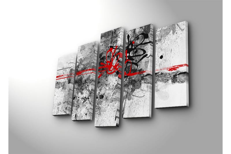 Stort lerretsbilde i 5 deler 105x70 cm - Abstrakt komposisjon med svarte og røde linjer - Rød / Svart / Grå - Interiør - Maleri & posters - Lerretsbilder