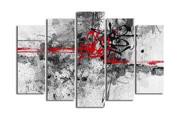 Stort lerretsbilde i 5 deler 105x70 cm - Abstrakt komposisjon med svarte og røde linjer - Rød / Svart / Grå - Interiør - Maleri & posters - Lerretsbilder